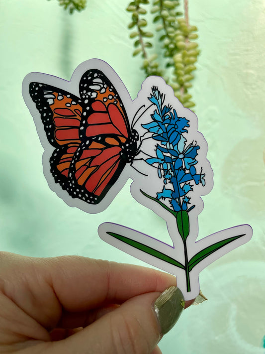 Monarch Butterfly on Blue Flower Glossy Vinyl Sticker