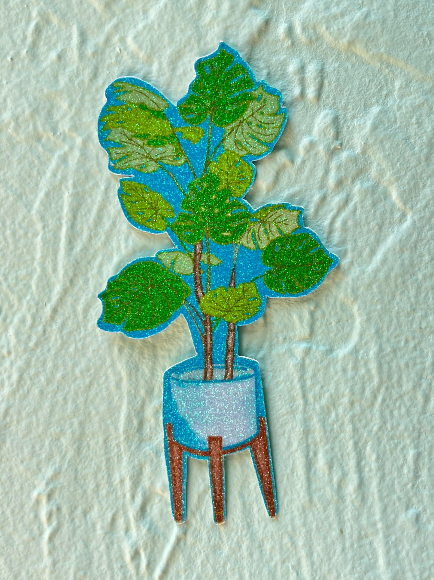 Monstera in an Aqua Mid Century Style Pot Glitter Sticker