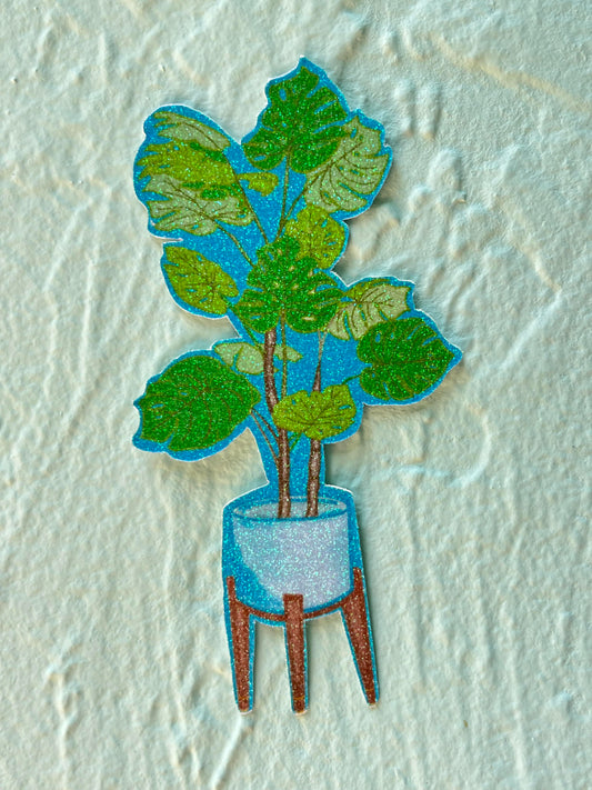 Monstera in an Aqua Mid Century Style Pot Glitter Sticker