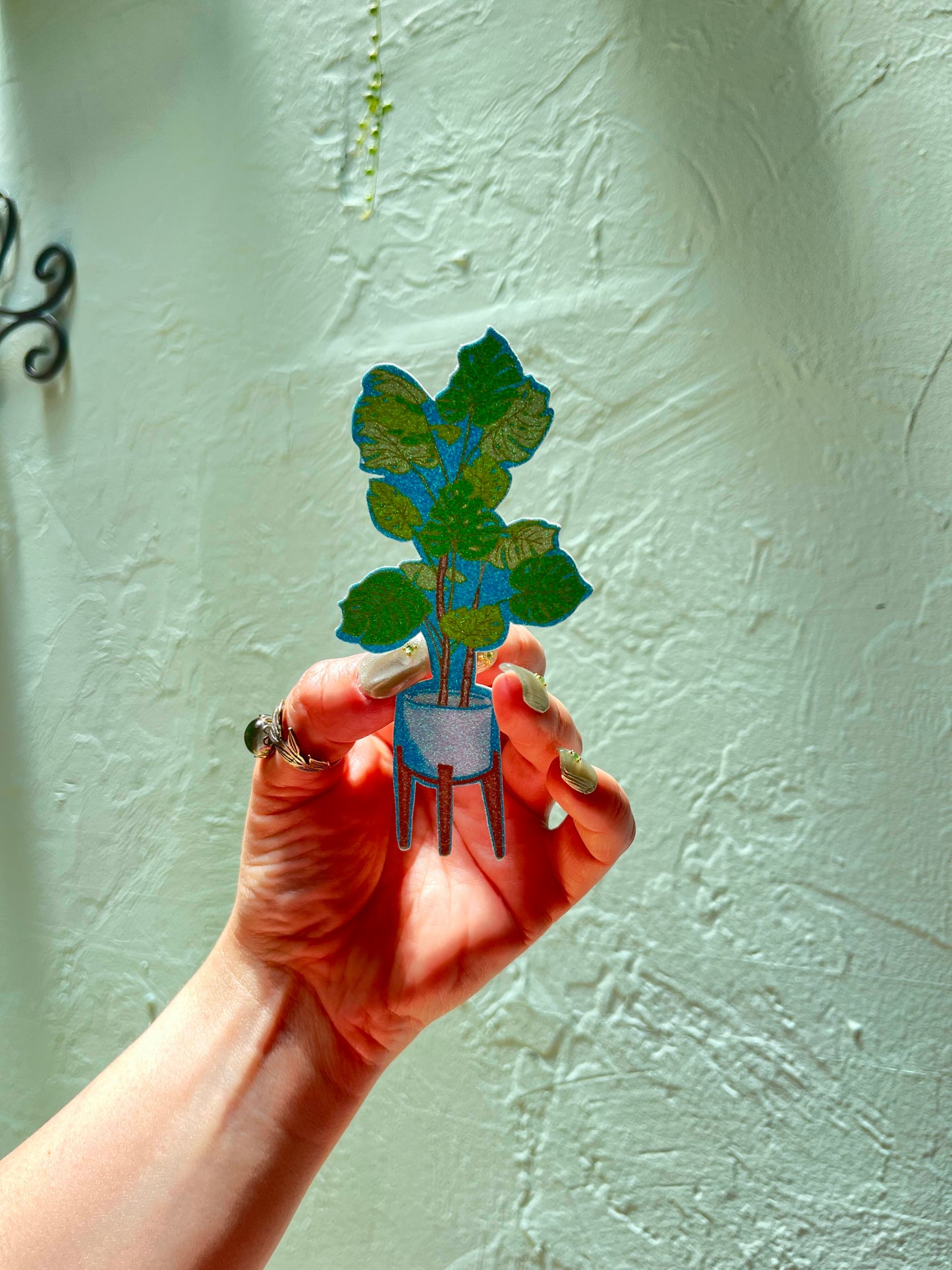 Monstera in an Aqua Mid Century Style Pot Glitter Sticker