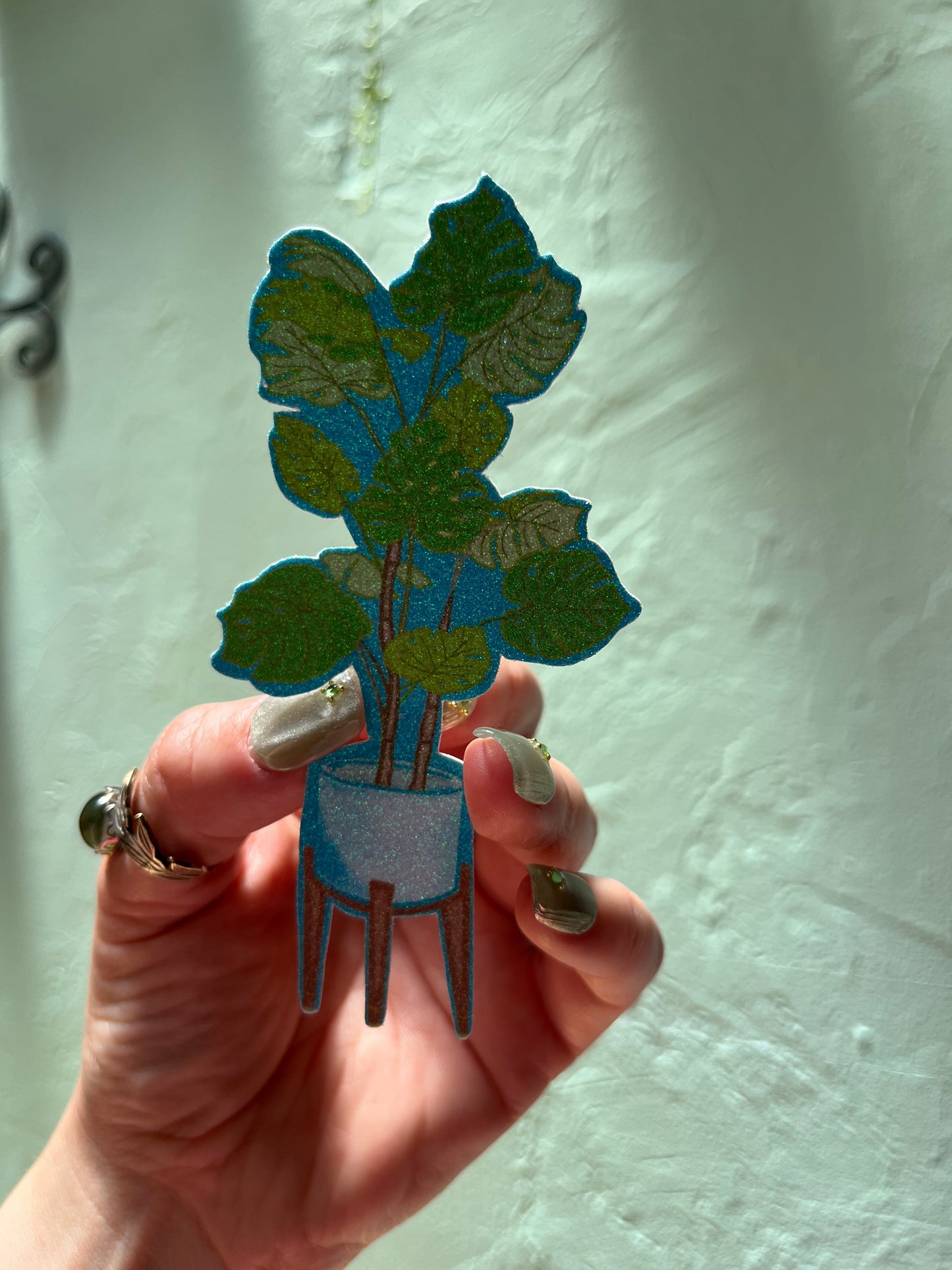 Monstera in an Aqua Mid Century Style Pot Glitter Sticker