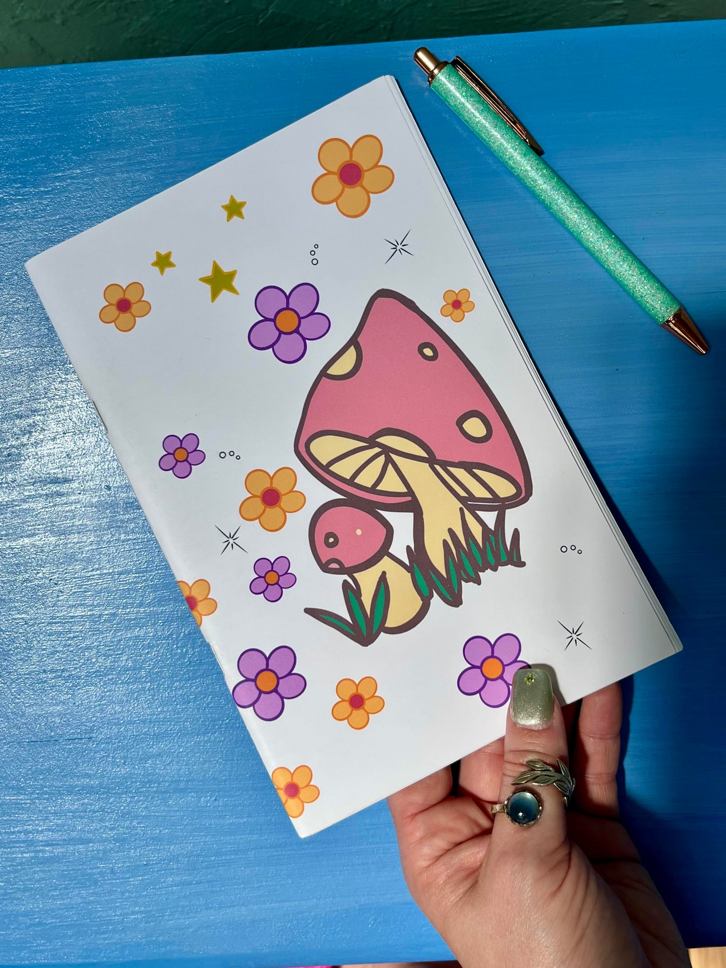 Pink and Red Groovy Shrooms Zine Style Lined Notebook