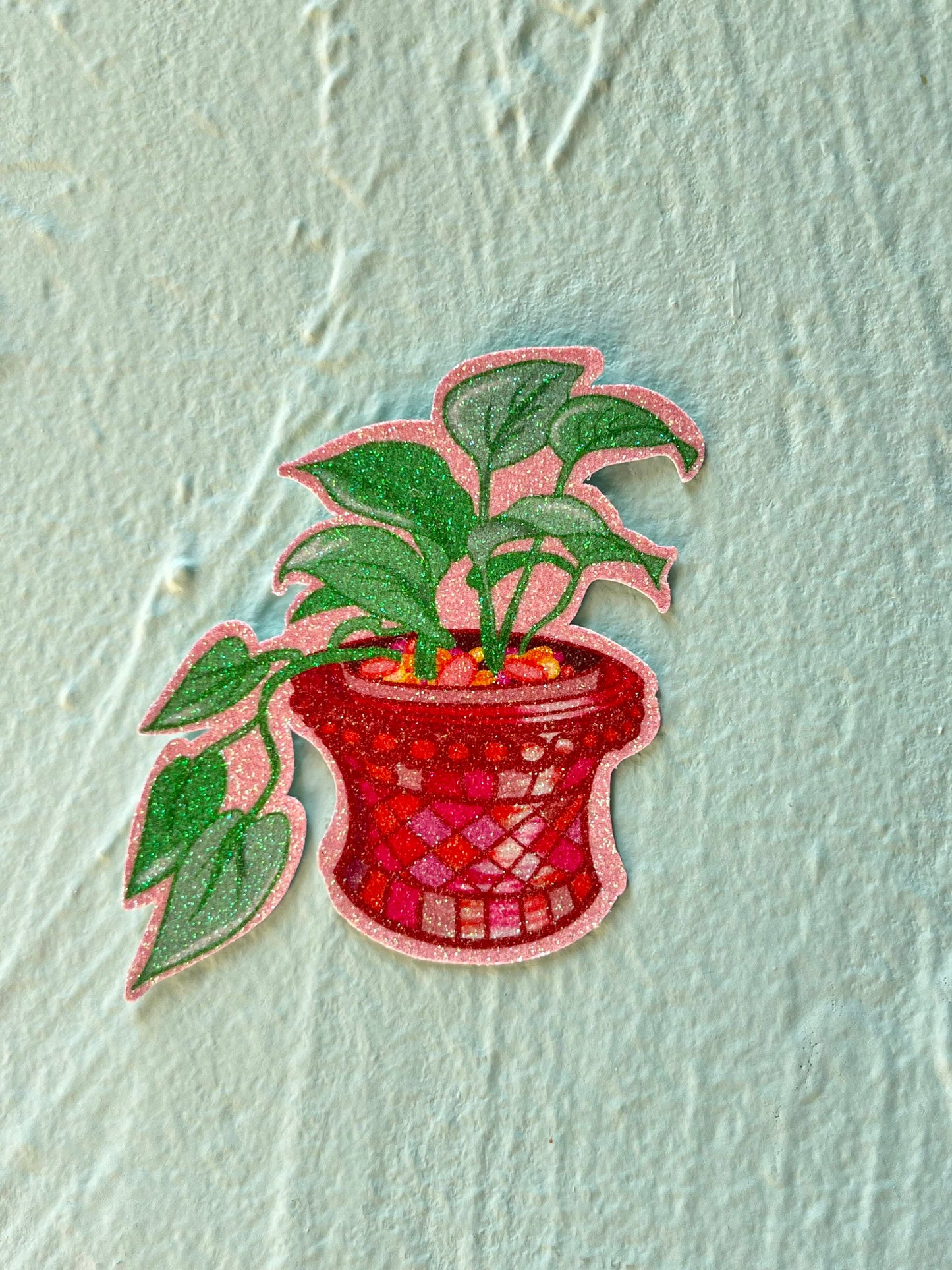 Pothos Plant in a Red Mosaic Pot Glitter Sticker