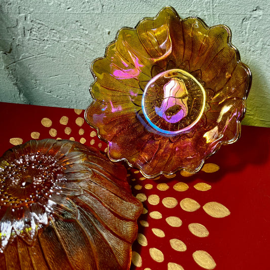 Vintage 1960s Iridescent Marigold Amber Sunflower Carnival Glass Bowls by Indiana Glass Co