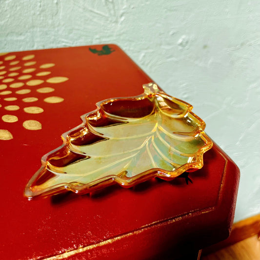 Vintage Jeannette Iridescent Marigold Peach Carnival Glass Oak Leaf Dish