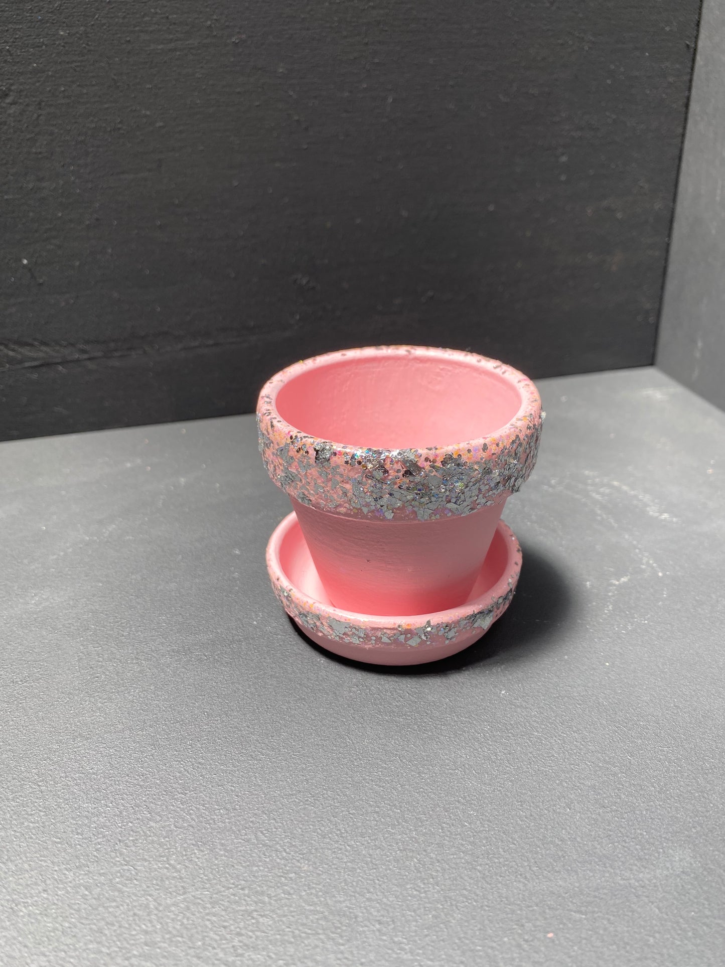 Small Matte Pink Sparkle Terra Cotta Pot and Saucer
