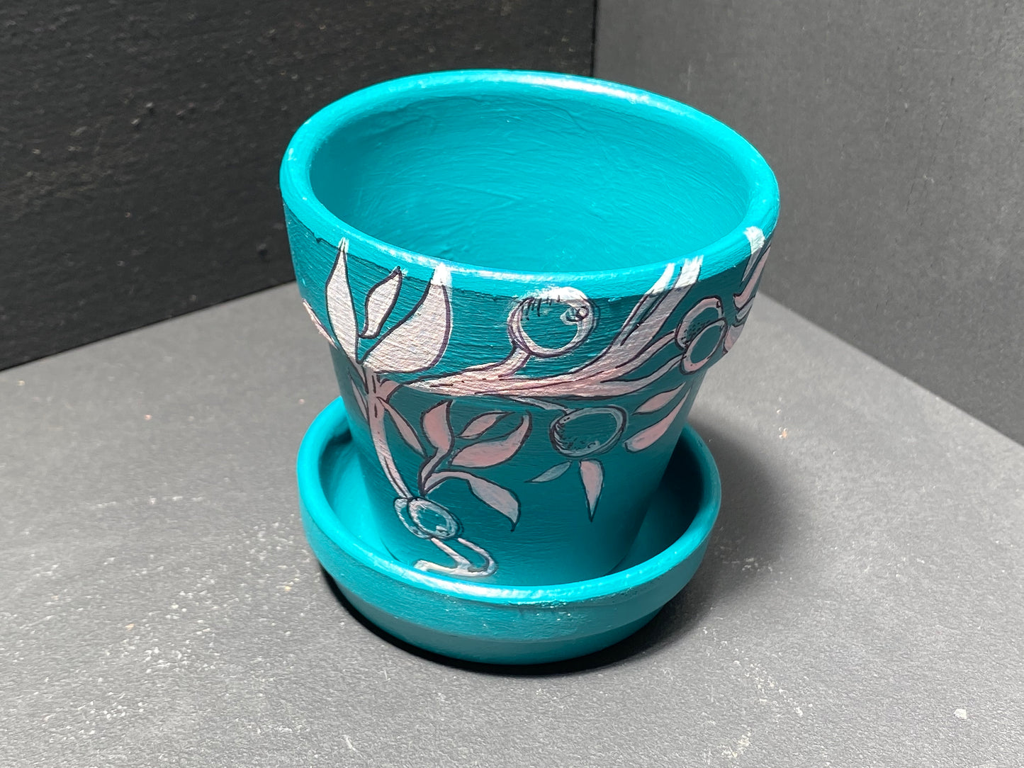 Teal and Pink Floral Hand Painted Terra Cotta Planter with Saucer