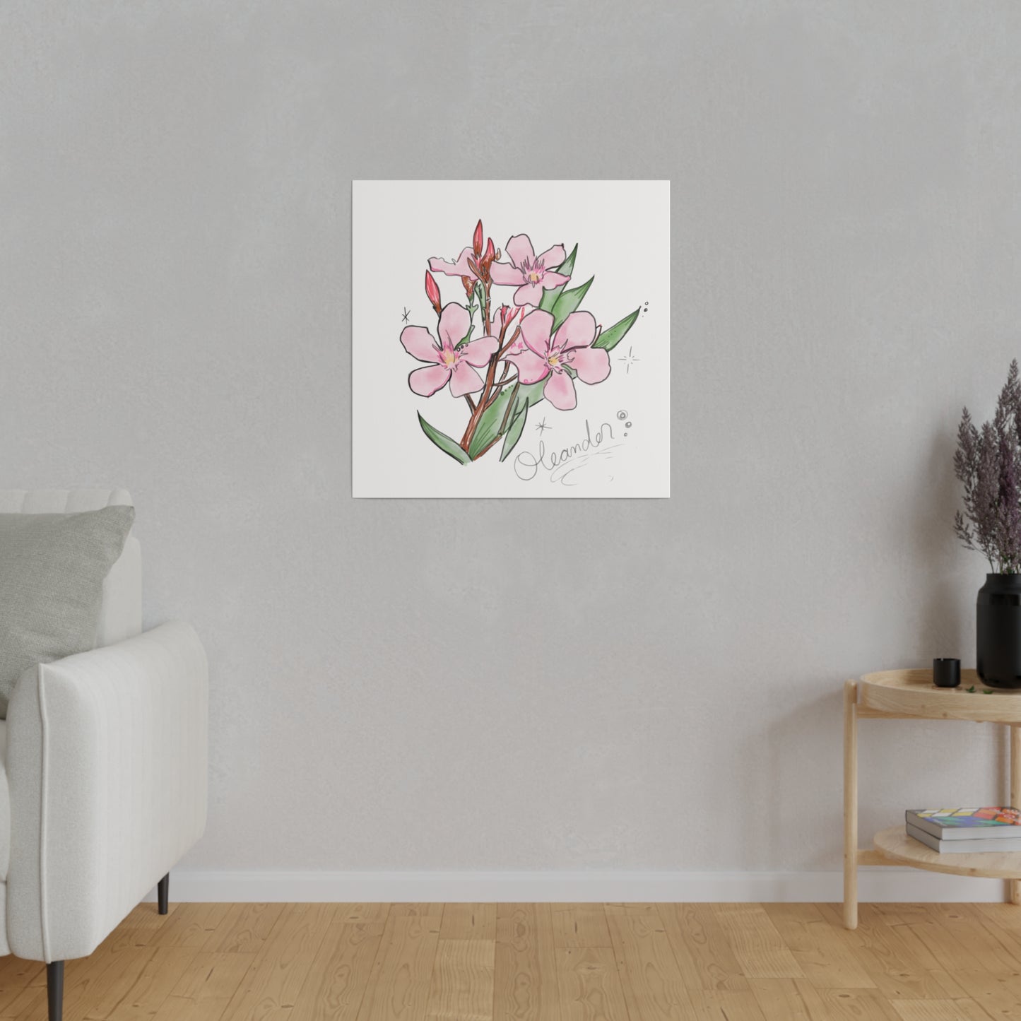 Pink Floral Oleander Watercolor inspired Illustration on Canvas